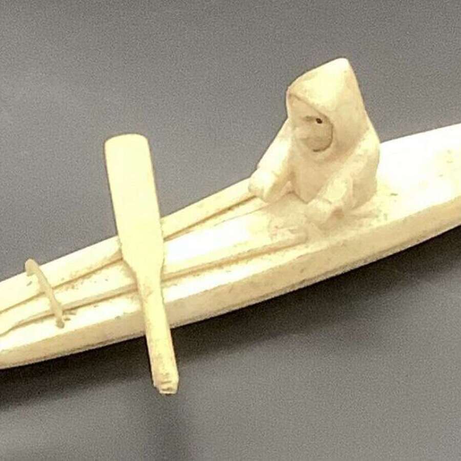 Vintage Inuit Bone Carving Of A Kayak