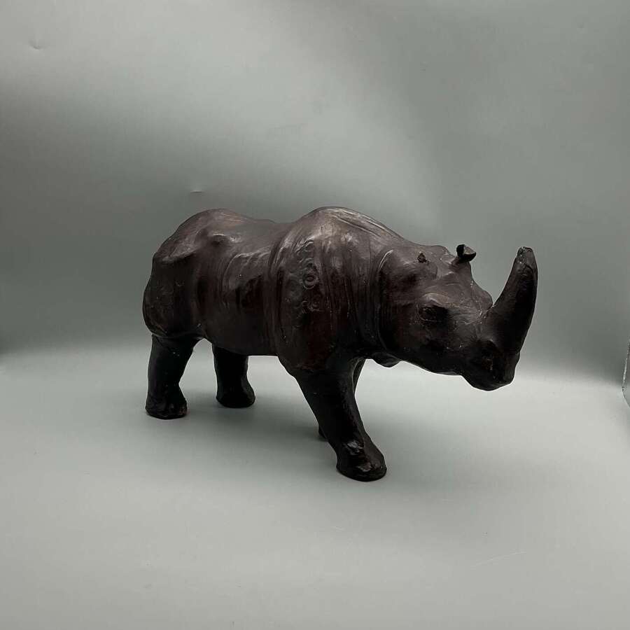 Vintage Leather-Wrapped Rhinoceros with Glass Eyes