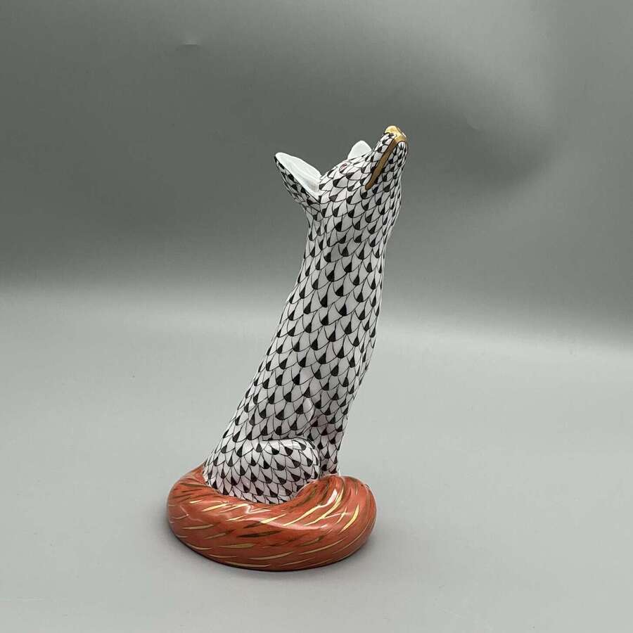 Herend Fox Figurine: Black Fishnet Porcelain with 24K Gold