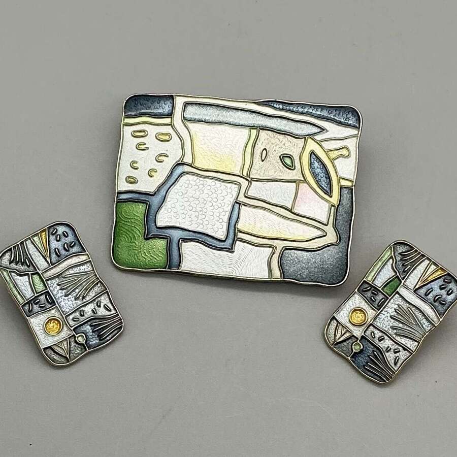 David Andersen Norway Sterling Silver & Enamel &ldquo;Seasons&rdquo; Brooch and Earrings , 1958