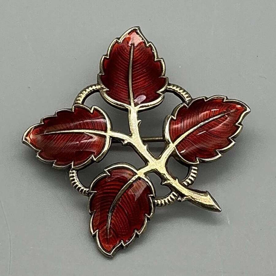 Aksel Holmsen Sterling Silver & Red Enamel Foliate Brooch &ndash; Norway