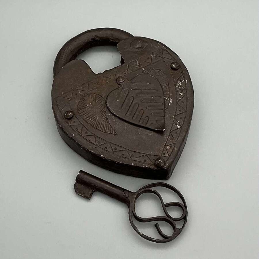 Antique Large Heart-Shaped Padlock with Key
