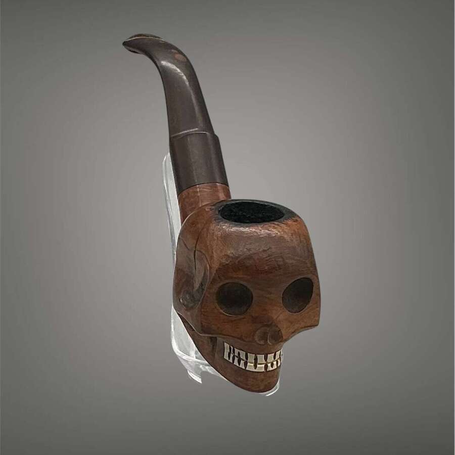 Antique Hand Carved Wood Skull Pipe &ndash; Bone Teeth
