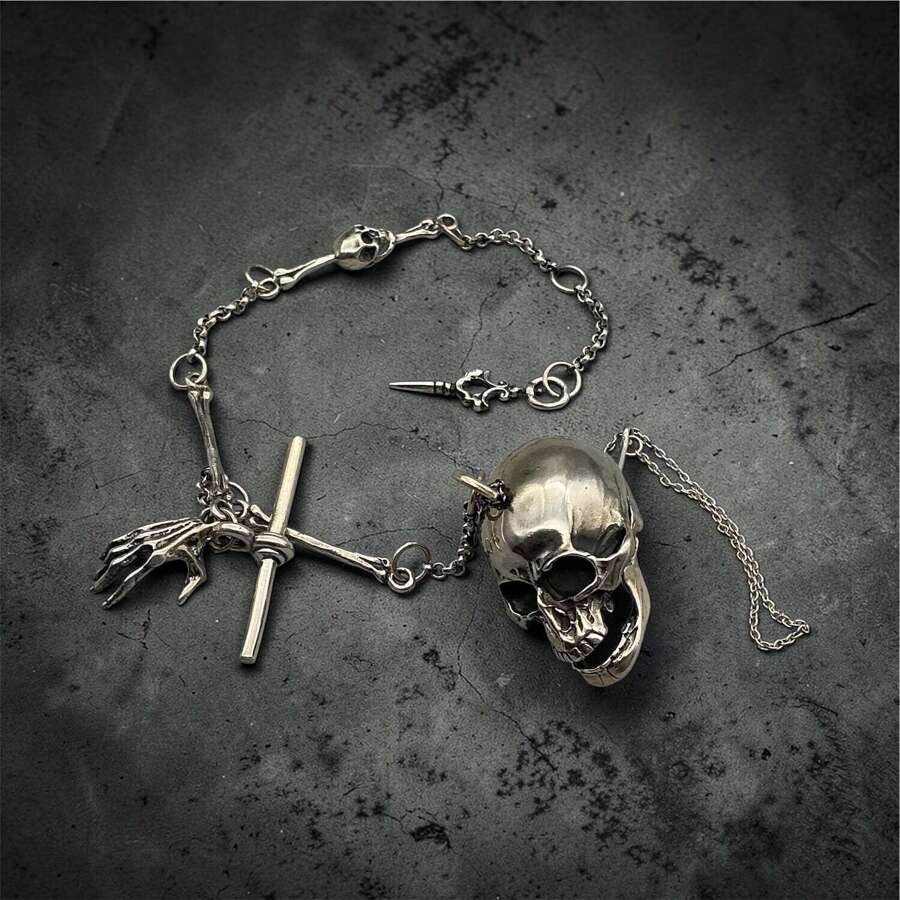 Antique Skull Albert Watch Chain &ndash; Gothic Memento Mori Pocket Watch Chain
