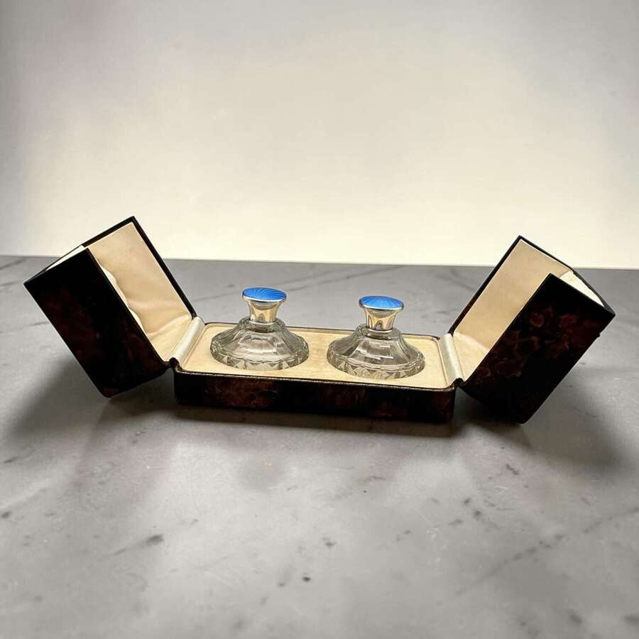 Pair of Art Deco Sterling Silver & Blue Enamel Perfume Bottles
