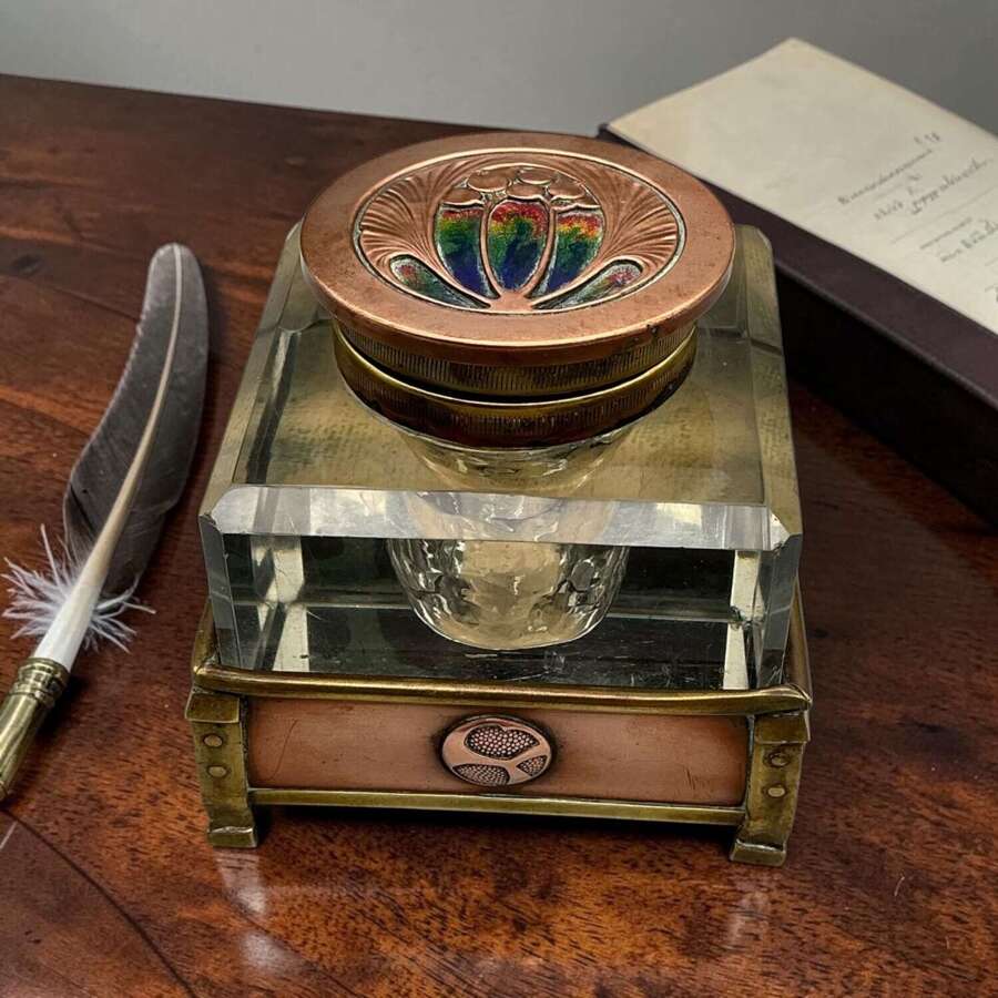 Arts & Crafts British Copper Inkwell with Polychrome Enamel Cover &ndash; Circa 1900