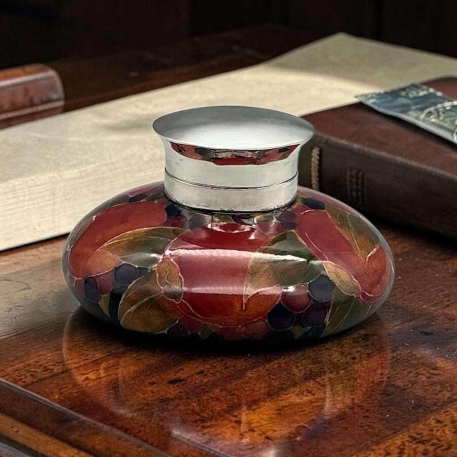 William Moorcroft &lsquo;Pomegranate&rsquo; Capstan Inkwell &ndash; Silver-Plated Mounts, c.1910&ndash;1930