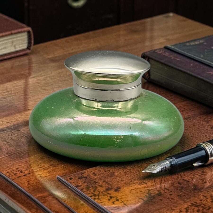 William Moorcroft Green Glazed Capstan Inkwell with Silver Mounts &ndash; Early 20th Century